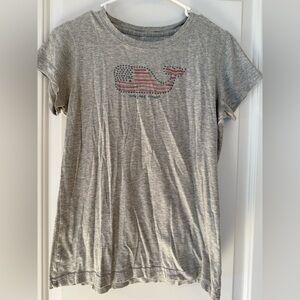 Vineyard Vines Heather Gray Tee with patriotic whale Logo